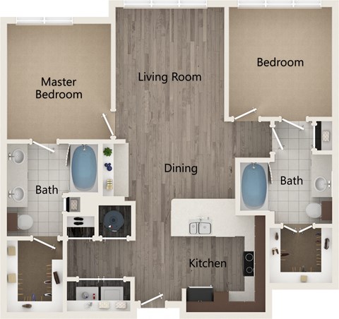 Floor plan for 2 beds, 2 baths, 1097 sqft